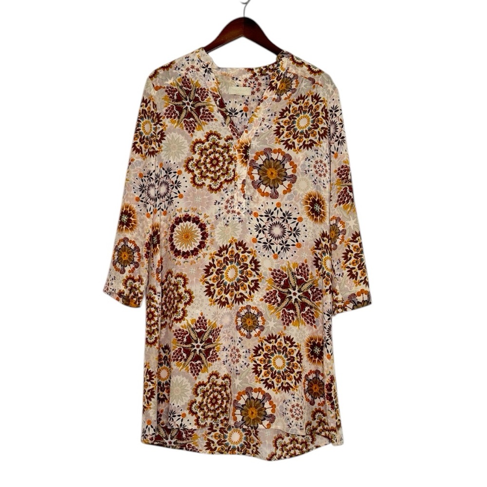 Momoni Seta Silk Brown Dress Floral Tunic Celestial Shift Tan Gold SZ 4 ITALY 42